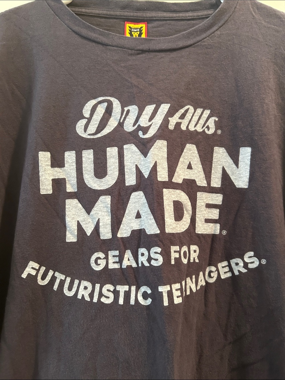 Human Made RARE ‘Dry Alls' two sided Graphic Long Sleeve Tee men’s size M Navy
